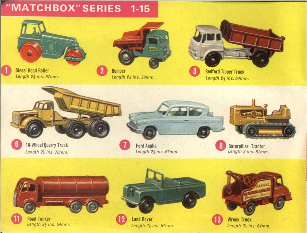 Matchbox Lesney 1964 catalog regular wheels 1, 2, 3, 6, 7, 8, 11, 12, 13