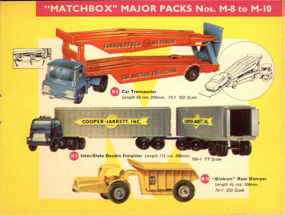 Matchbox Lesney 1965 catalog Majors - M8 Car Transporter, M9 Inter-State Double Freighter, and M10 Dinkum Rear Dumper