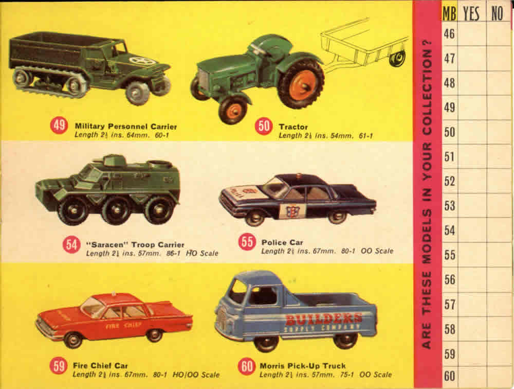 Matchbox Lesney 1965 catalog regular wheels 1-75 series numbers 49-60