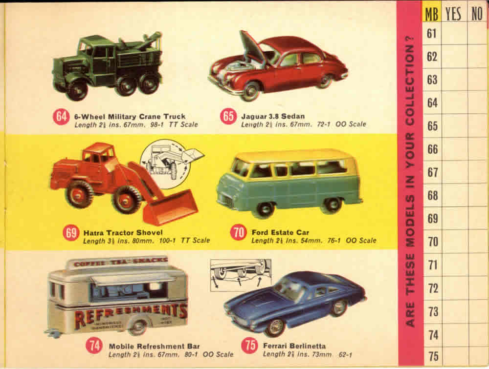 Matchbox Lesney 1965 catalog regular wheels 1-75 series numbers 64-75