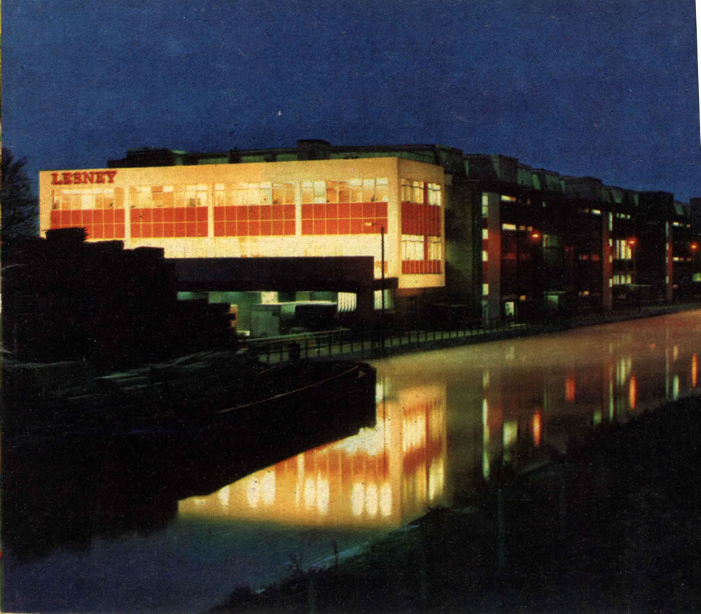 Matchbox Lesney 1966 catalog photo of Lesney factory at night