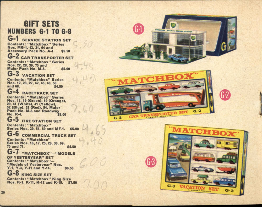 Matchbox Lesney 1966 catalog page 20, Gift Sets, G-1 Servicce Station Set, G-2 Car Transporter Set. G-3 Vacation Set, G-4 Racetrack Set, G-5 Fire Station Set, G-6 Commercial Truck Set, G-7 Yesteryear Set, & G-8 King Size Set