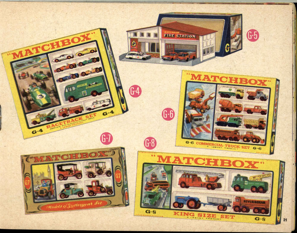 Matchbox Lesney 1966 catalog page 20, Gift Sets, G-1 Servicce Station Set, G-2 Car Transporter Set. G-3 Vacation Set, G-4 Racetrack Set, G-5 Fire Station Set, G-6 Commercial Truck Set, G-7 Yesteryear Set, & G-8 King Size Set