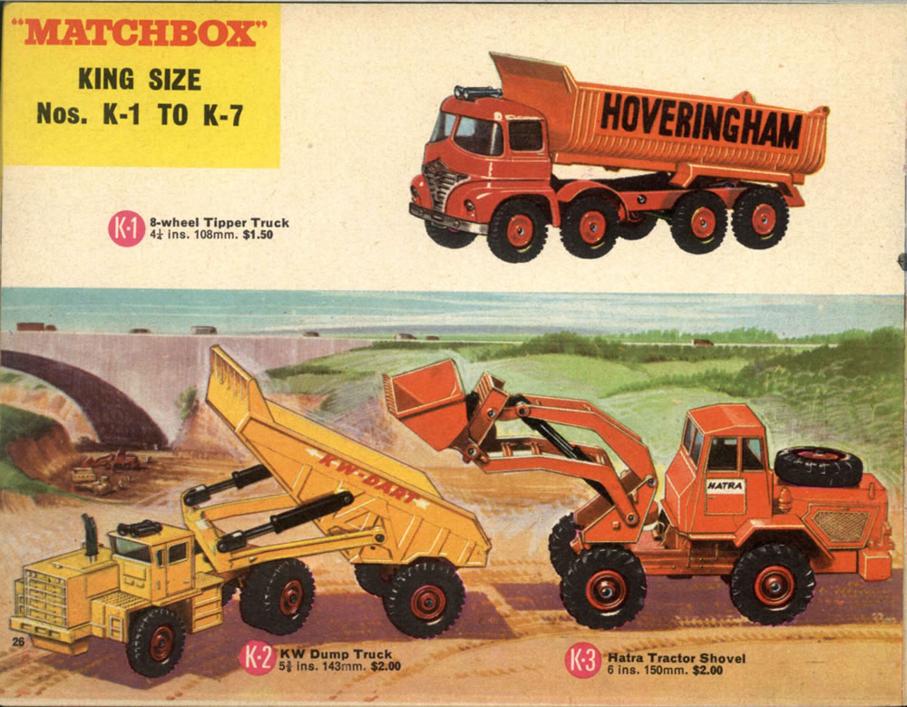 Matchbox Lesney 1966 catalog page 26, Kingsize, K-1 8-wheel Tipper Truck, K-2 KWDump Truck & K-3 Hatra Tractor Shovel