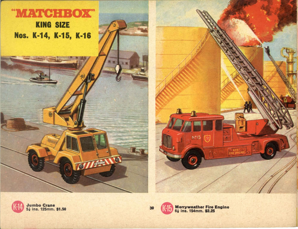 Matchbox Lesney 1966 catalog page 30, Kingsize, K-14 Jumbo Crane & K-5 Merryweather Fire Engine