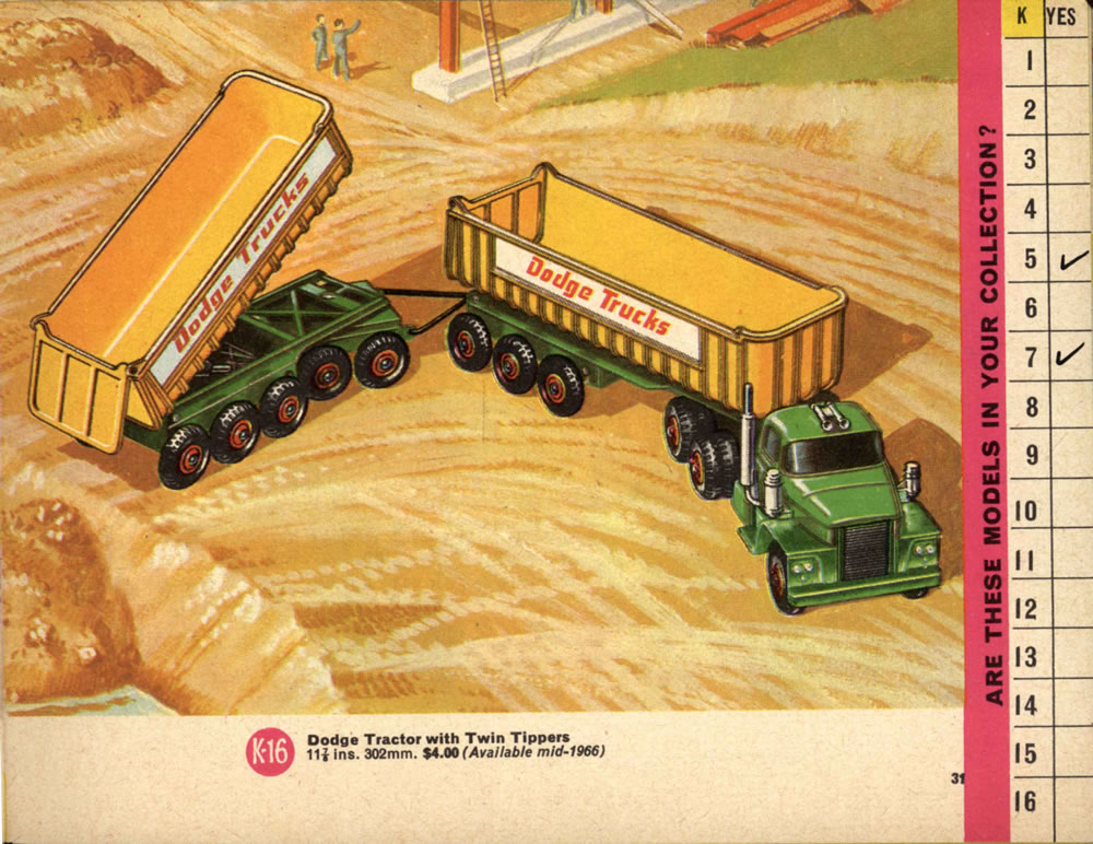 Matchbox Lesney 1966 catalog page 31, Kingsize, K-16 Dodge Tractor with Twin Tippers