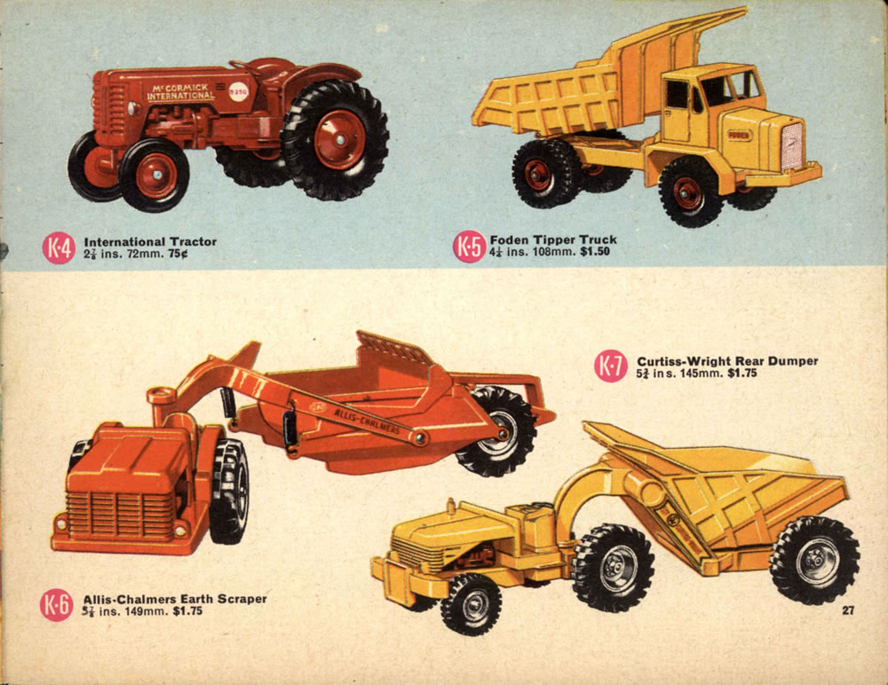 Matchbox Lesney 1966 catalog page 27, Kingsize, K-6 Allis-Chalmers Earth Scraper & K-7 Curtiss-Wright Rear Dumper