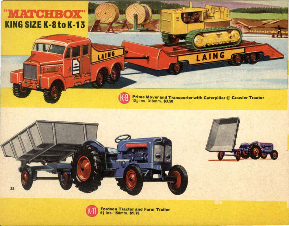 Matchbox Lesney 1966 catalog page 28, Kingsize, K-8 Prime Mover and Transporter with Caterpillar Crawler Tractor & K-11 Fordson Tractor and Farm Trailer