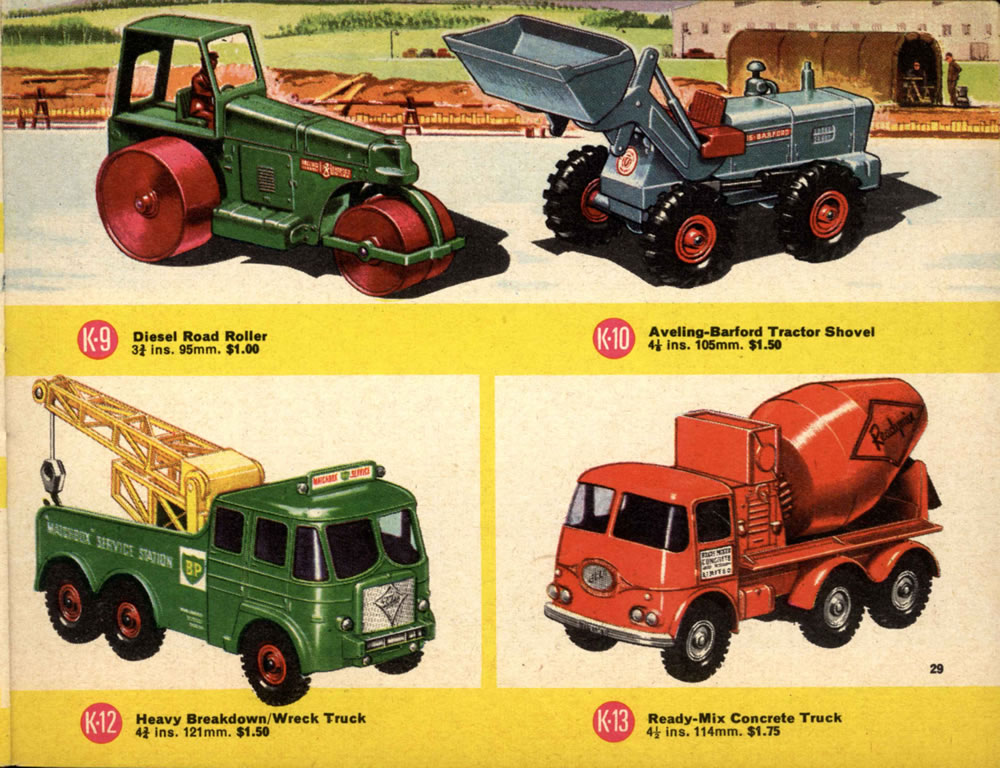 Matchbox Lesney 1966 catalog page 29, Kingsize, K-9 Diesel Road Roller, K-10 Aveling-Barfod Shovel, K-12 Heavy Breakdown Truck & K-13 Ready-Mix Concrete Truck