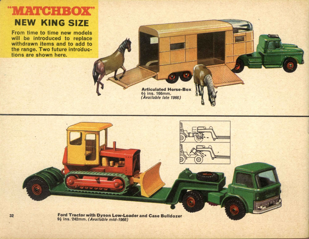 Matchbox Lesney 1966 catalog page 32, new King Size, Articulated Horse-Box & Ford Tractor with Dyson Low-Loader with Case Bulldozer