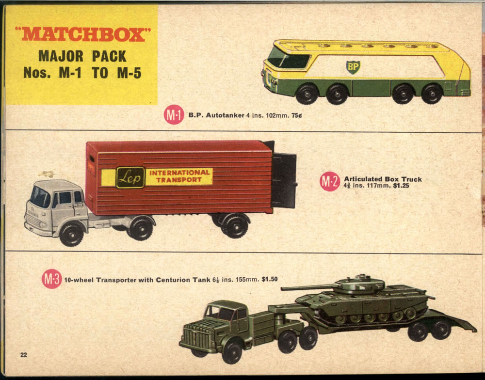 Matchbox Lesney 1966 catalog page 22, Major Packs, M-1 B.P. Autotanker, M-2 Articulated Box Truck & M-3 10-wheel Transporter with Centurian Tank