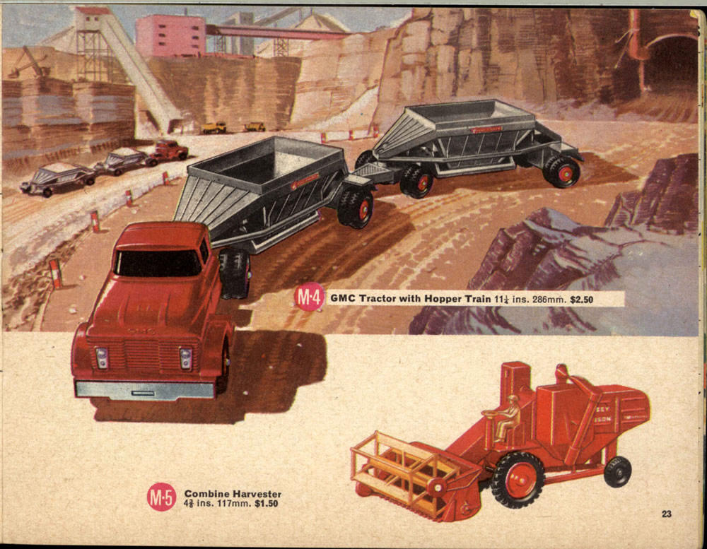 Matchbox Lesney 1966 catalog page 23, Major Packs, M-4 GMC Tractor with Hopper Train, & M-5 Combine Harvester