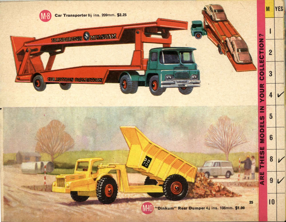 Matchbox Lesney 1966 catalog page 23, Major Packs, M-8 Car Transporter & M-10 "Dinkum" Rear Dumper