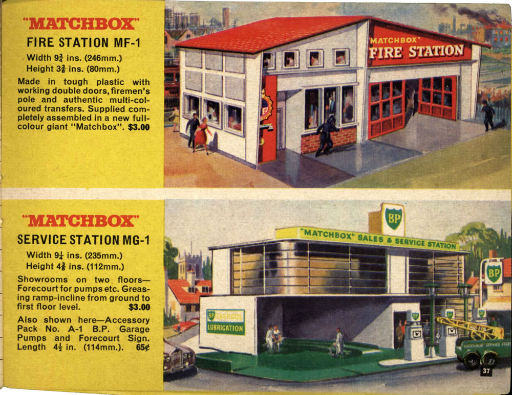 Matchbox Lesney 1966 catalog page 37, MF-1 Fire Station & MG-1 Service Station