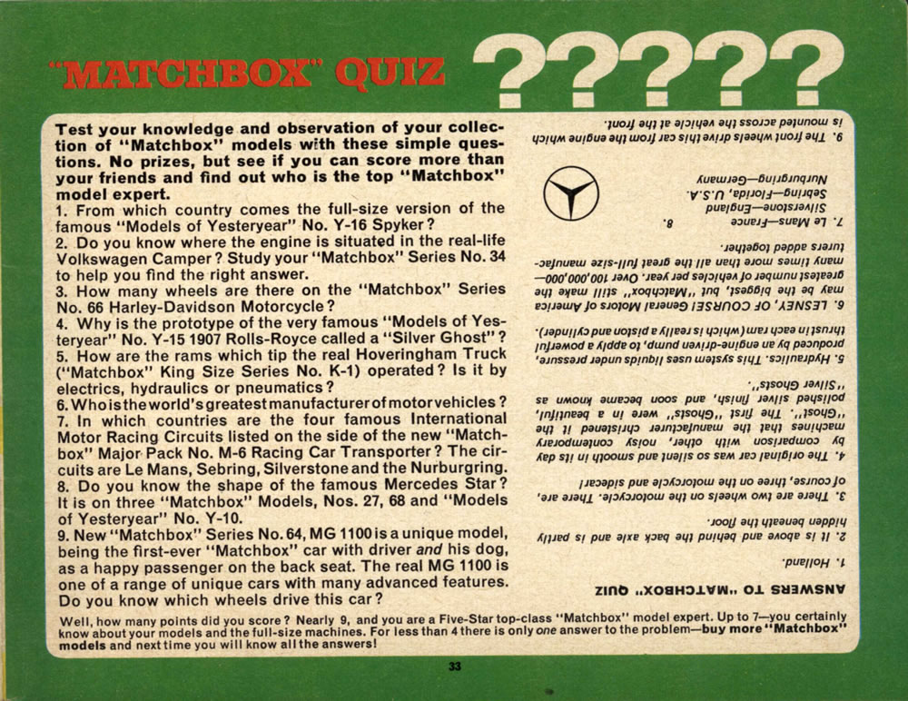 Matchbox Lesney 1966 catalog page 33, Quiz