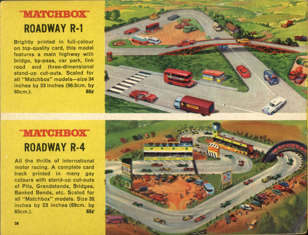 Matchbox Lesney 1966 catalog page 38, Roadway R-1 and R-4