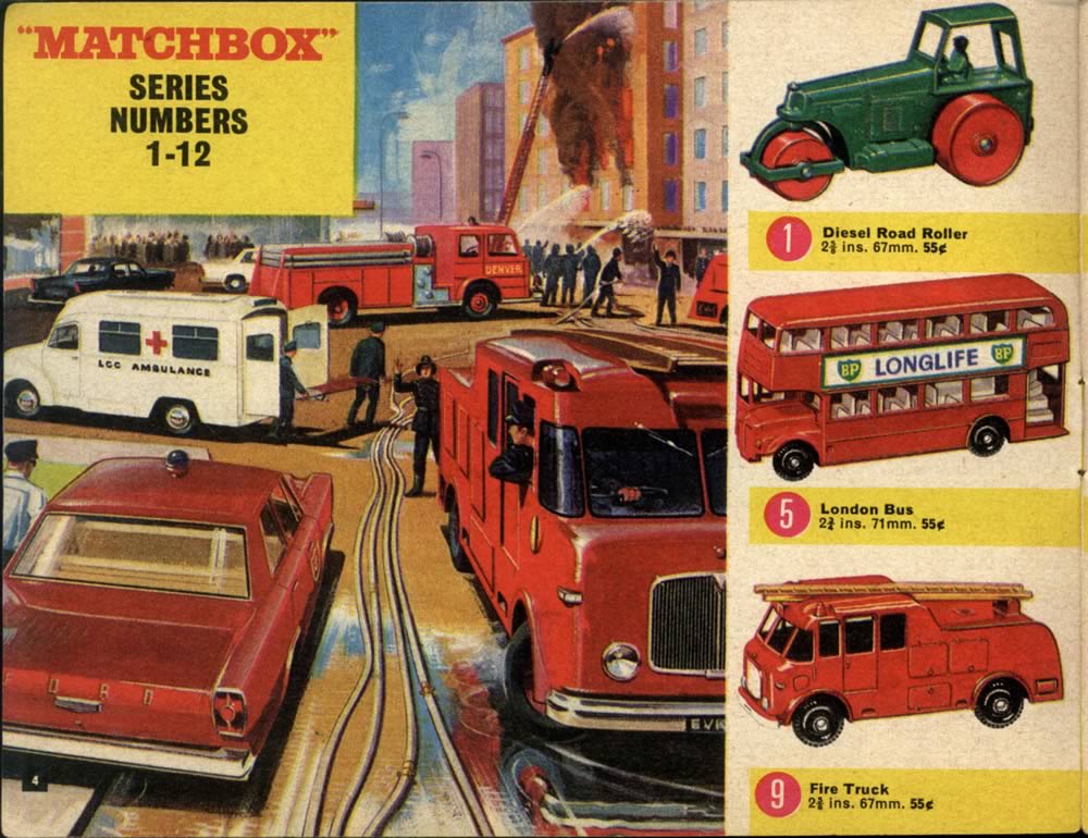 Matchbox Lesney 1966 catalog regular wheel, 1 Diesel Road Roller, 5 London Bus & 9 Fire Truck