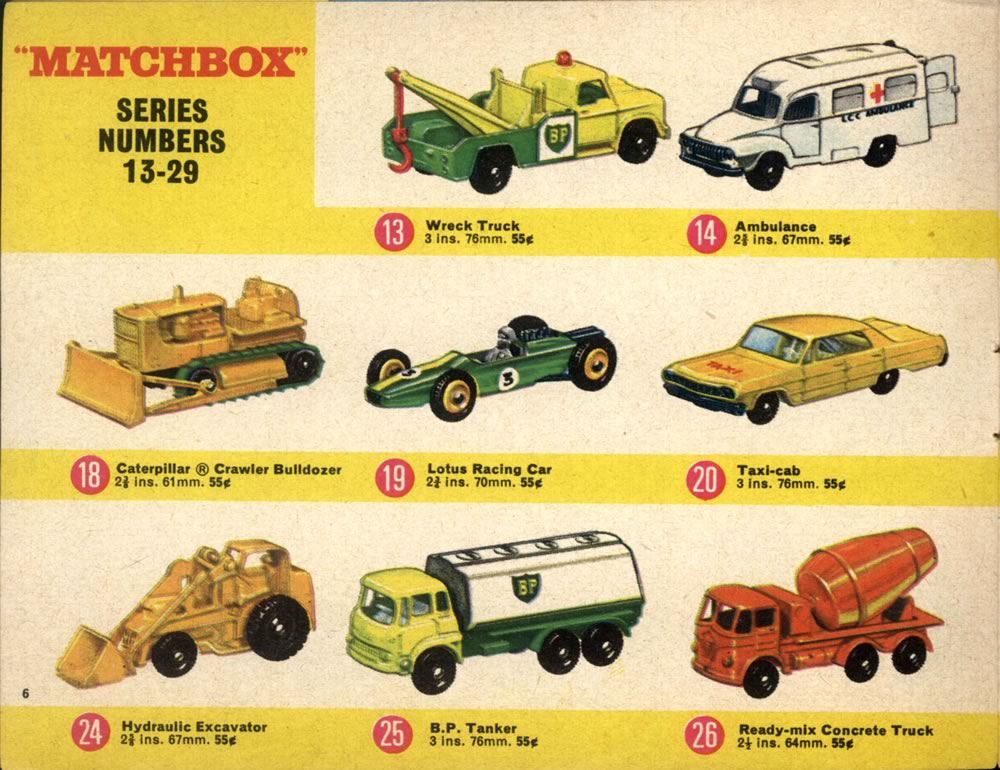 Matchbox Lesney 1966 catalog regular wheel, 13 Wreck Truck, 14 Ambulance, 18 Caterpillar Crawler Bulldozer, 19 Lotus Racing Car, 20 Taxi-cab, 24 Hydraulic Excavator, 25 B.P. Tanke & 26 Ready-Mix Concrete Truck