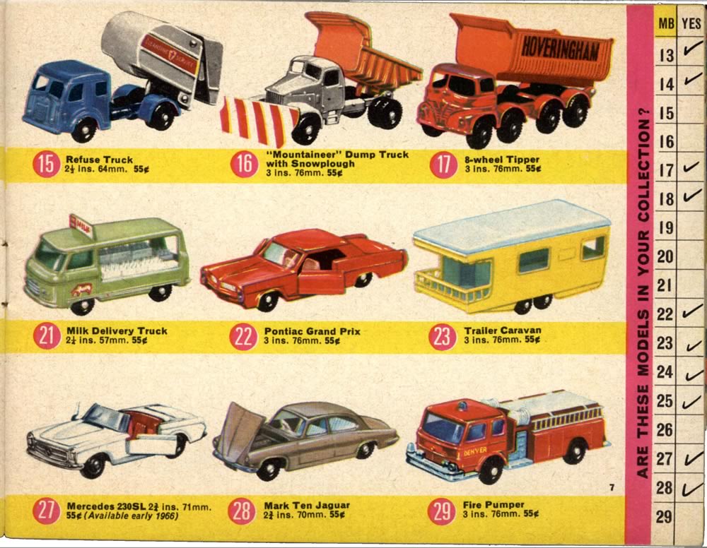 Matchbox Lesney 1966 catalog regular wheel, 15 Refuse Truck, 16 "Mountaineer" Dump Truck, 17 8-wheel Tipper, 21 Milk Delivery Truck, 22 Pontiac Grand Prix, 23 Trailer Caravan, 27 Mercedes 230L, 28 Mark Ten Jaguar & 29 Fire Pumper