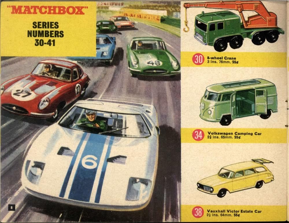 Matchbox Lesney 1966 catalog regular wheel, 30 8-wheel Crane, 34 Volkswagen Camping Car & 38 Victor Estate Car