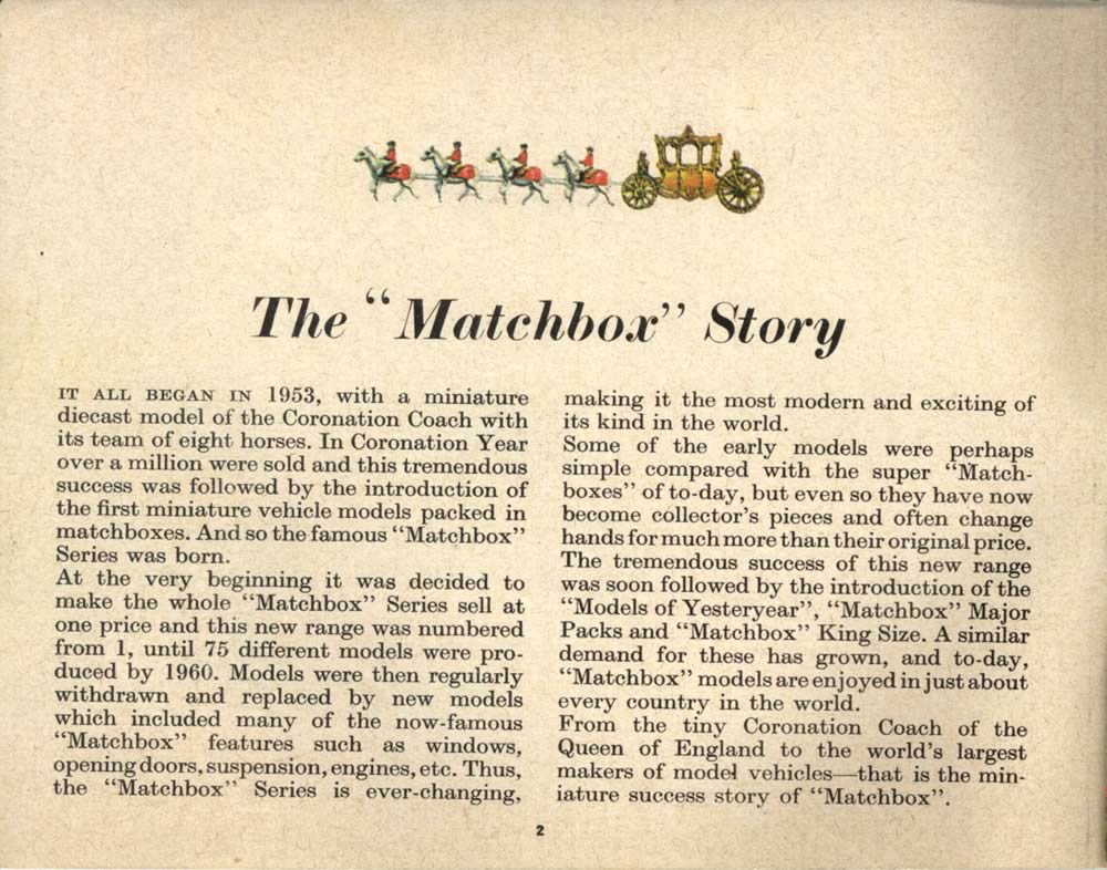 Matchbox Lesney 1966 catalog page 2, the "Matchbox" Story
