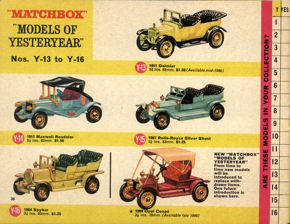 Matchbox Lesney 1966 catalog Yesteryear, Y-13 1911 Daimler, Y-14