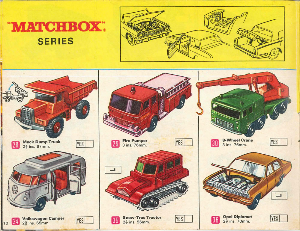 Matchbox Lesney 1969 catalog Page 10, Matchbox regular wheels 28: Mack Dump Truck; 29: Fire Pumper; 30: 8-Wheel Crane; 34: Volkswagon Camper; 35: Snow-Trac Tractor; 36: Opel Diplomat