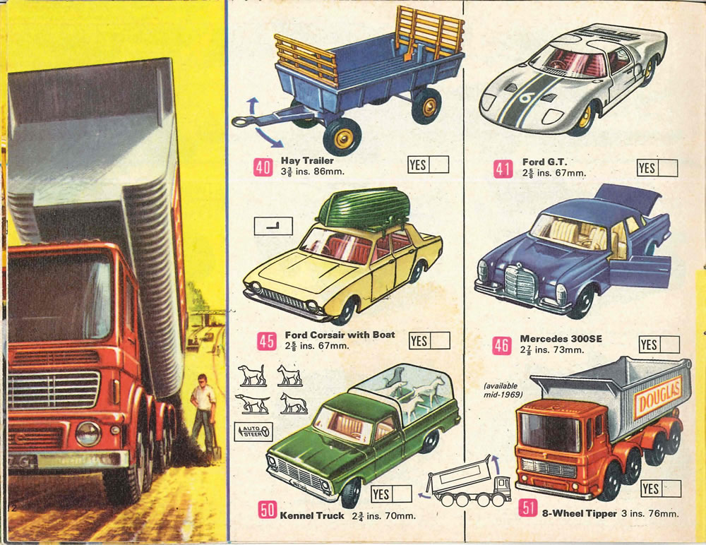 Matchbox Lesney 1969 catalog Page 12, Matchbox regular wheels 40: Hay Trailer; 41 Ford G.T; 45: Ford Corsair with Boat; 46: Mercedes 300SE; 50 Kennel Truckl 51: 8-Wheel Tipper