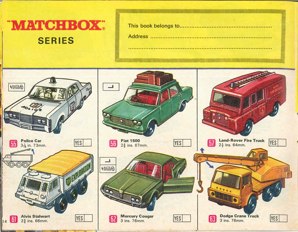 Matchbox Lesney 1969 catalog Page 14, Matchbox regular wheels 55: Police Car; 56: Fiat 1500; 57: Land-Rover Fire Truck; 61: Alvis Stalwart; 62: Mercury Cougar; 63: Dodge Crane Truck