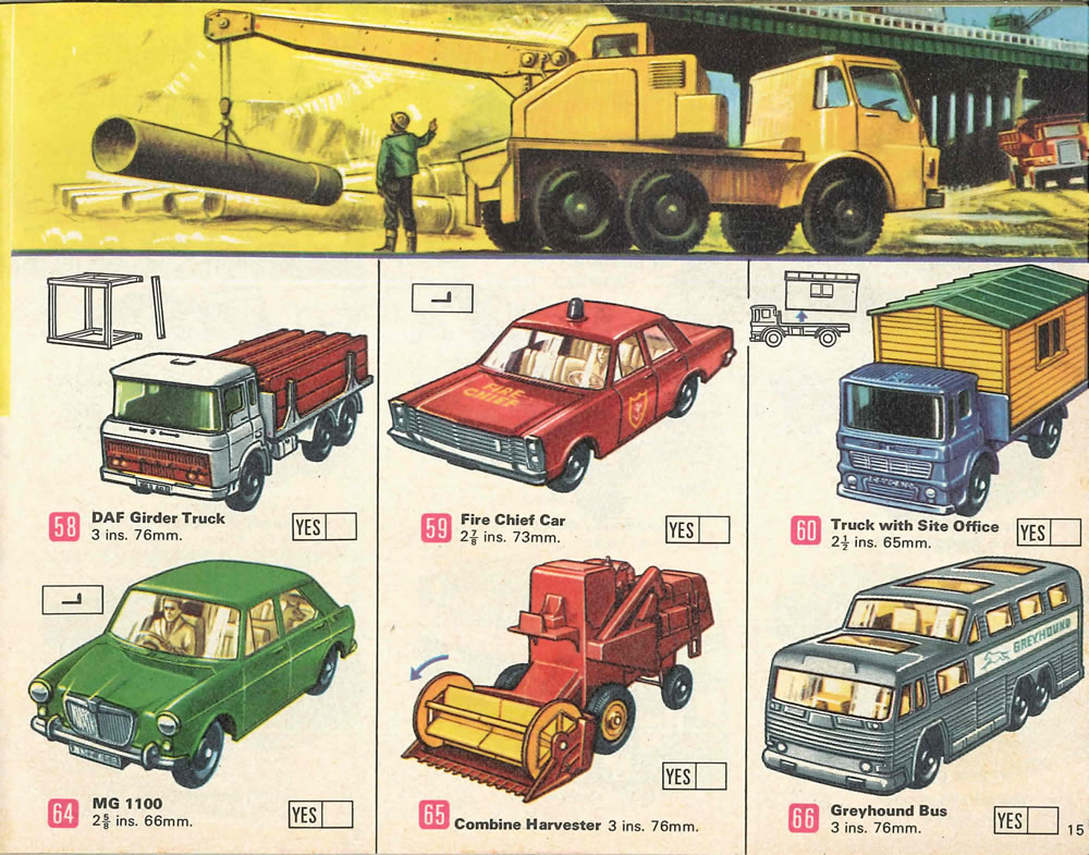 Matchbox Lesney 1969 catalog Page 15, Matchbox regular wheels 58: DAF Girder Truck; 59: Fire Chief Car; 60: Truck with Site Office; 64: MG 1100; 65: Combine Harvester; 66: Greyhound Bus