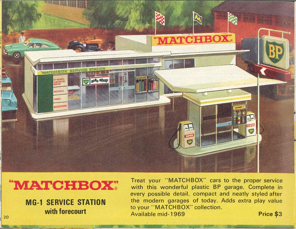 Matchbox Lesney 1969 catalog Page 20, Matchbox MG-1 Service Station with forecourt