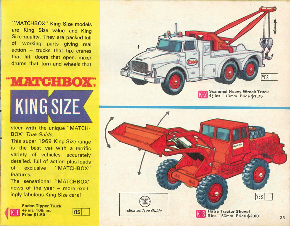 Matchbox Lesney 1969 catalog Page 23, Matchbox King Size K-2 Scammel Heavy Wreck Truck, K-3 Hatra Tractor Shovel