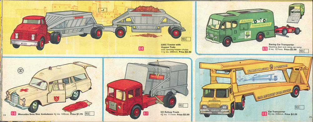 Matchbox Lesney 1969 catalog Page 24-5, Matchbox King Size K-4 GMC Tractor with Hopper Train; K-5 Racing Car Transporter; K-6 Mercedes Benz Binz Ambulance; K-7 SD Refuse Truck; K-8 Car Transporter