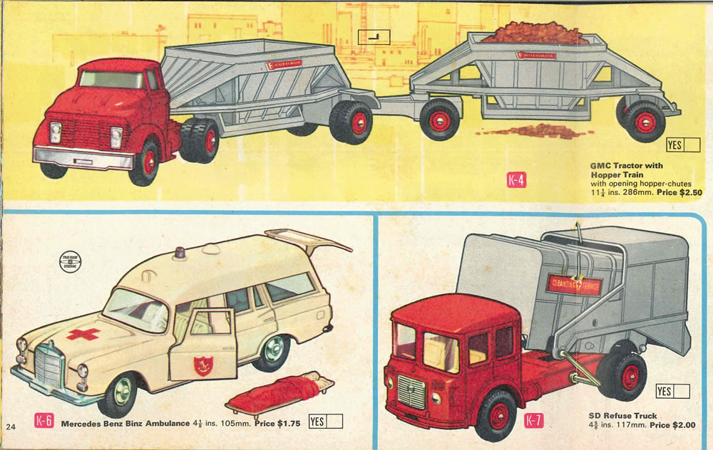 Matchbox Lesney 1969 catalog Page 24, Matchbox King Size K-4 GMC Tractor with Hopper Train; K-6 Mercedes Benz Binz Ambulance; K-7 SD Refuse Truck