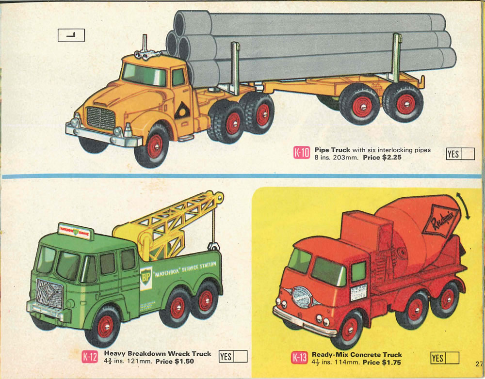 Matchbox Lesney 1969 catalog Page 27, Matchbox King Size K-10 Pipe Truck; K-12 Heavy Breakdown Wreck Truck; K-13 Ready-Mix Concrete Truck