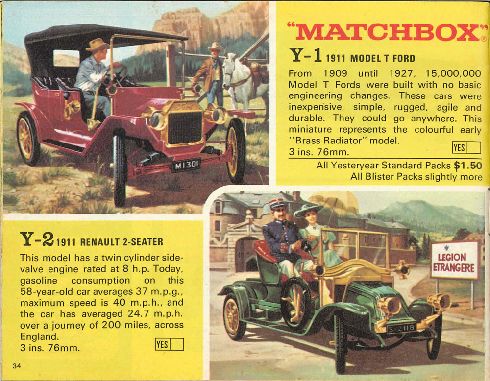 Matchbox Lesney 1969 catalog Page 34, Matchbox Yesteryears Y-1 1911 Model T Ford; Y-2 1911 Renault 2-Seater