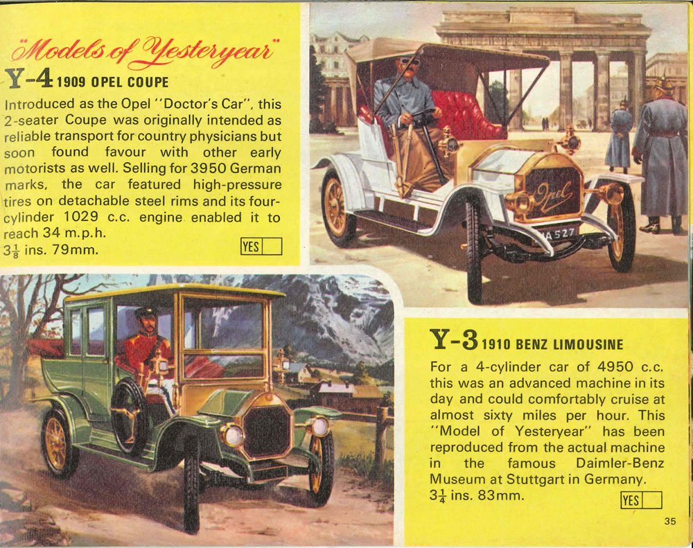 Matchbox Lesney 1969 catalog Page 35, Matchbox Yesteryears Y-4 1904 Opel Coupe; Y-3 1910 Benz Limousine