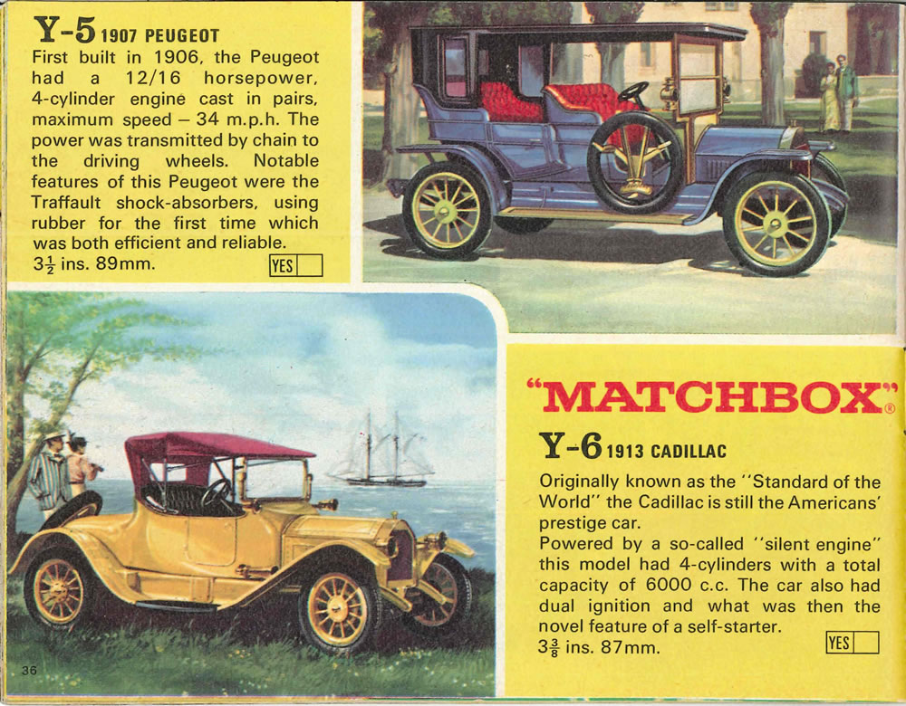 Matchbox Lesney 1969 catalog Page 36, Matchbox Yesteryears Y-5 1907 Peugeot; Y-6 1913 Cadillac