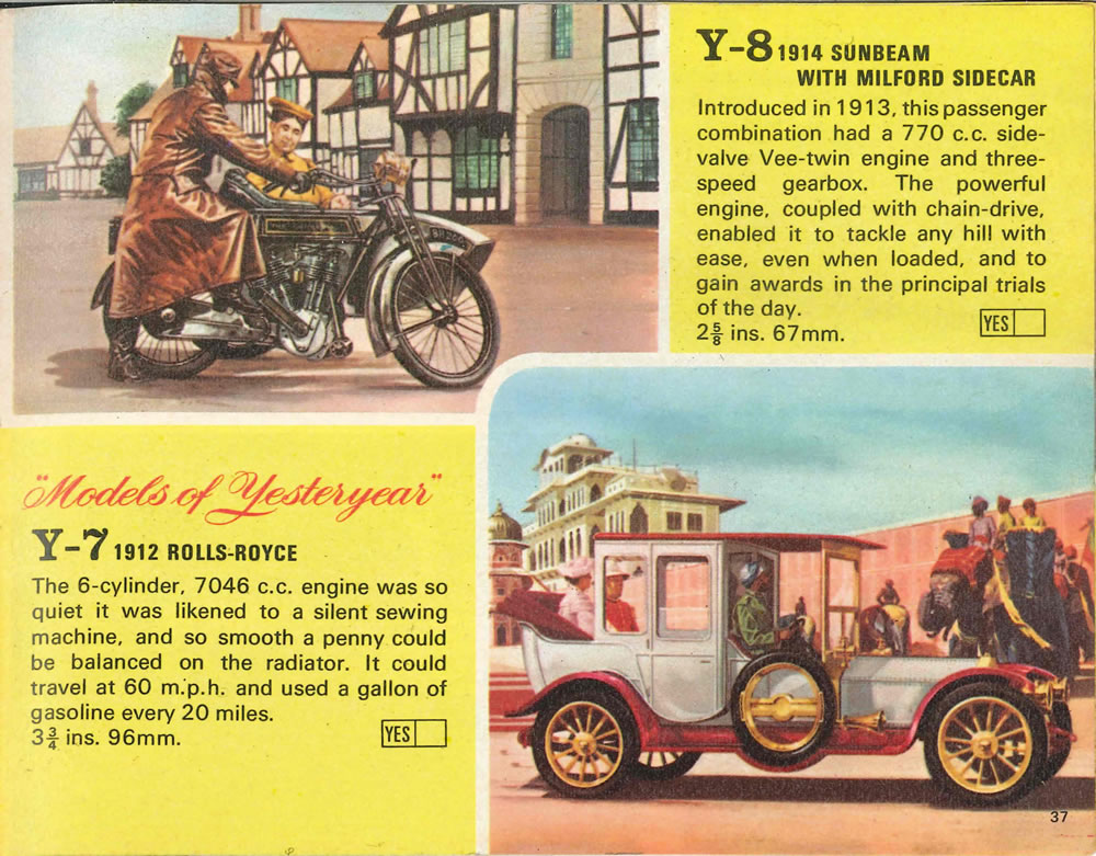 Matchbox Lesney 1969 catalog Page 37, Matchbox Yesteryears Y-7 1912 Rolls-Royce; Y-8 1914 Sunbeam with Milford Sidecar