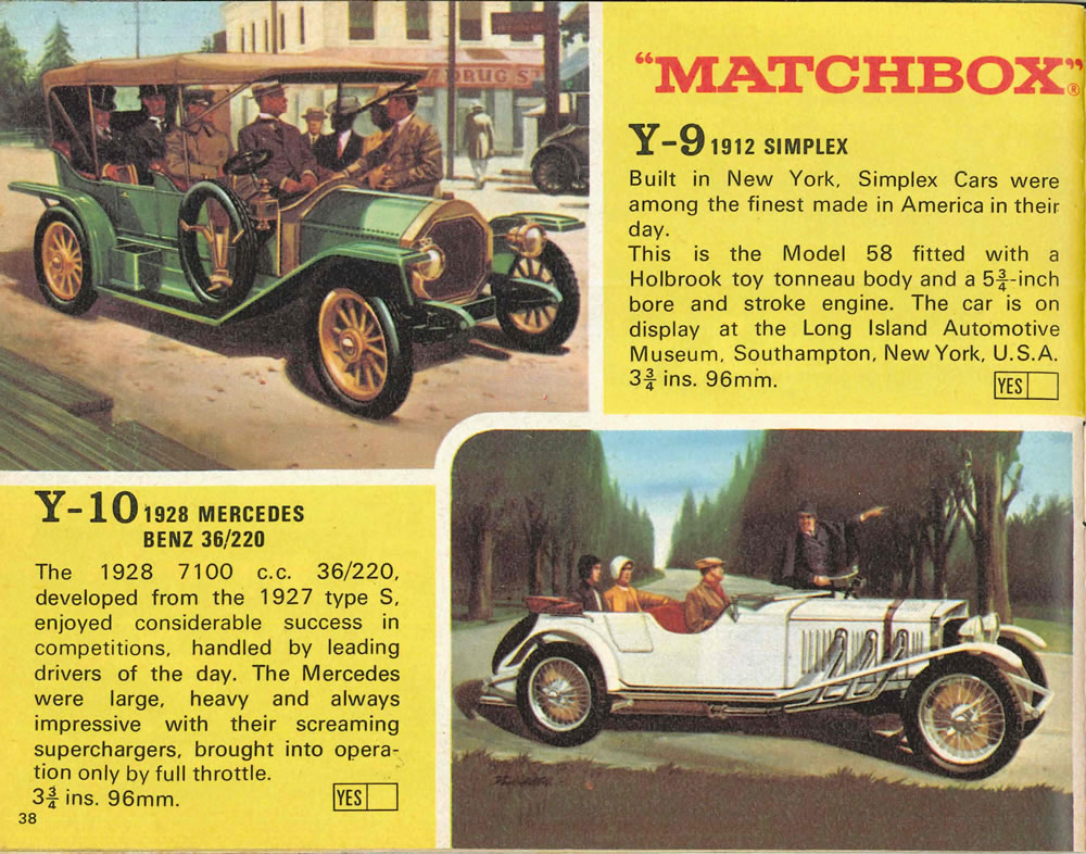 Matchbox Lesney 1969 catalog Page 38, Matchbox Yesteryears Y-9 1912 Simplex; Y-10 1928 Mercedes Benz 36/220