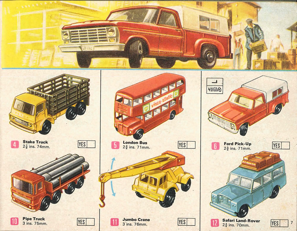 Matchbox Lesney 1969 catalog Page 7, Matchbox regular wheels 4: Stake Truck; 5: London Bus; 6: Ford Pick-up; 10: Pipe Truck; 11: JumboCrane; 12: Safari Land-Rover