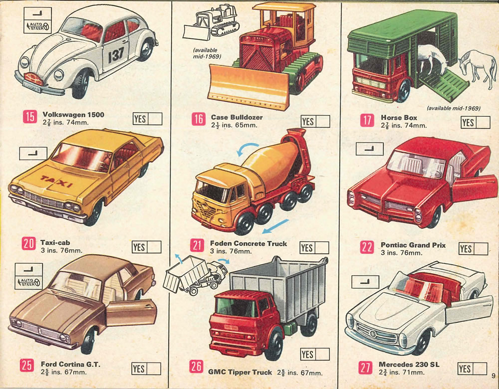 Matchbox Lesney 1969 catalog Page 9, Matchbox regular wheels 15: Volkswagon 1500; 16: Case Bulldozer; 17: Horse Box; 20: Taxi-cab; 21: Foden Concrete Truck; 22: Pontiac Grand Priz; 25: Ford Cortina G.T.; 26: GMC Tipper Truck; 27: Mercedes 230SL