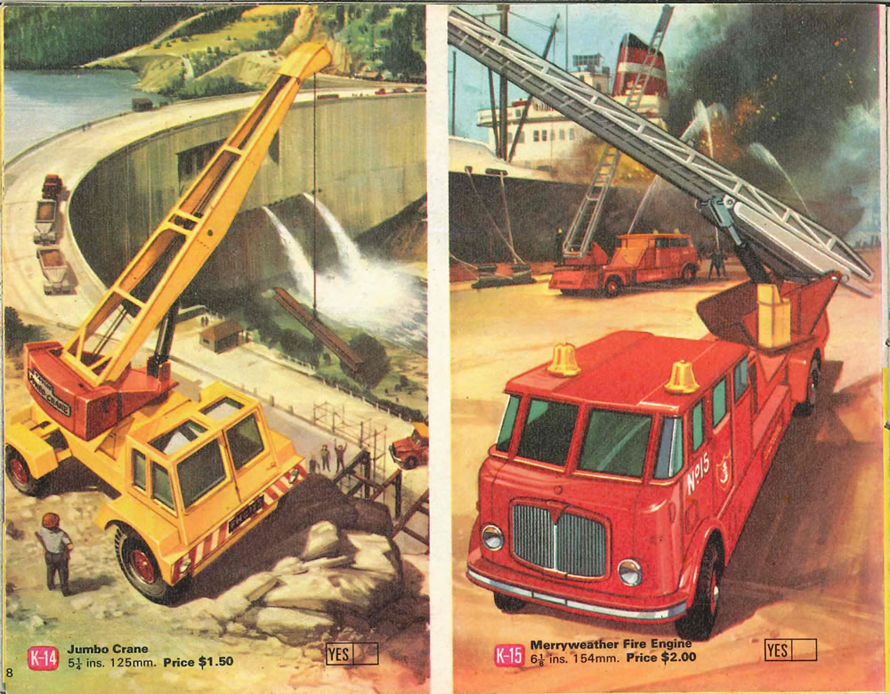 Matchbox Lesney 1969 catalog Page 28, Matchbox King Size K-14 Jumbo Crane; K-15 Merryweather Fire Engine