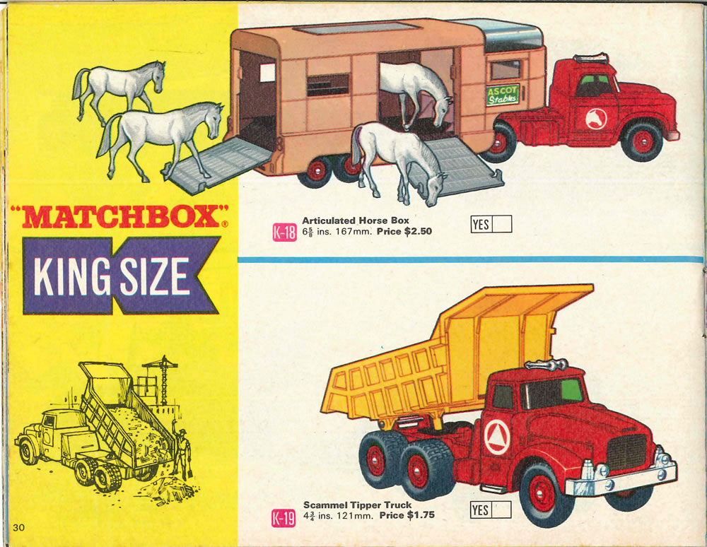 Matchbox Lesney 1969 catalog Page 30, Matchbox King Size K-18 Articulated Horse Box; K-19 Scammel Tipper Truck